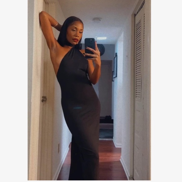 Black Maxi Long Sheath Dress One Shoulder Long Strap  Ruched Back - Picture 15 of 16